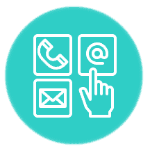A turquoise icon with four symbols: a phone receiver, an email envelope, an "at" symbol, and a hand pointing or clicking on the "at" symbol.