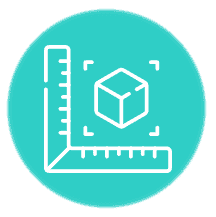 White outline of a ruler and cube with measurement marks on a turquoise background.