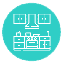 Icon of a kitchen with cabinets, a range hood, a stove with pots, and a sink on a teal background.