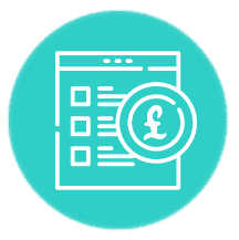 Icon depicting a checklist and a British pound symbol on a teal background.