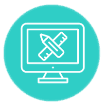 Icon of a computer monitor displaying a pencil and ruler crossed, on a turquoise background.