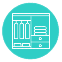 White outline of wardrobe and drawers on a turquoise background.