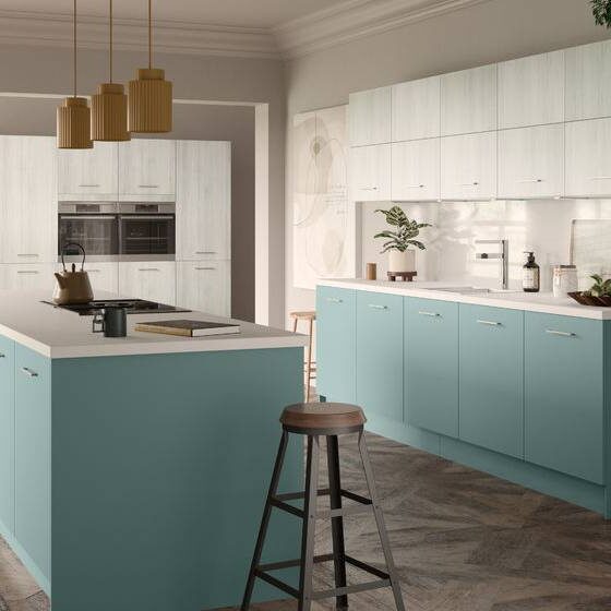 Hacienda fitted kitchen with Light Driftwood and Nordic Blue cupboards