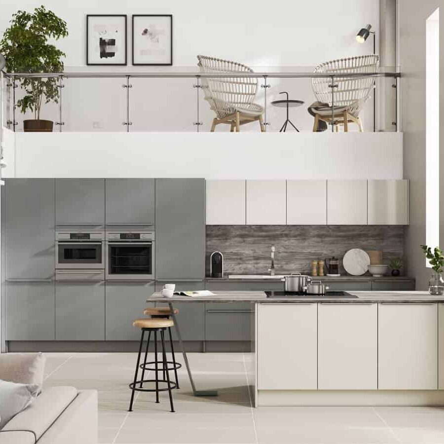 Inline Alta gloss fitted kitchen in Dusk Grey and Pearl Grey